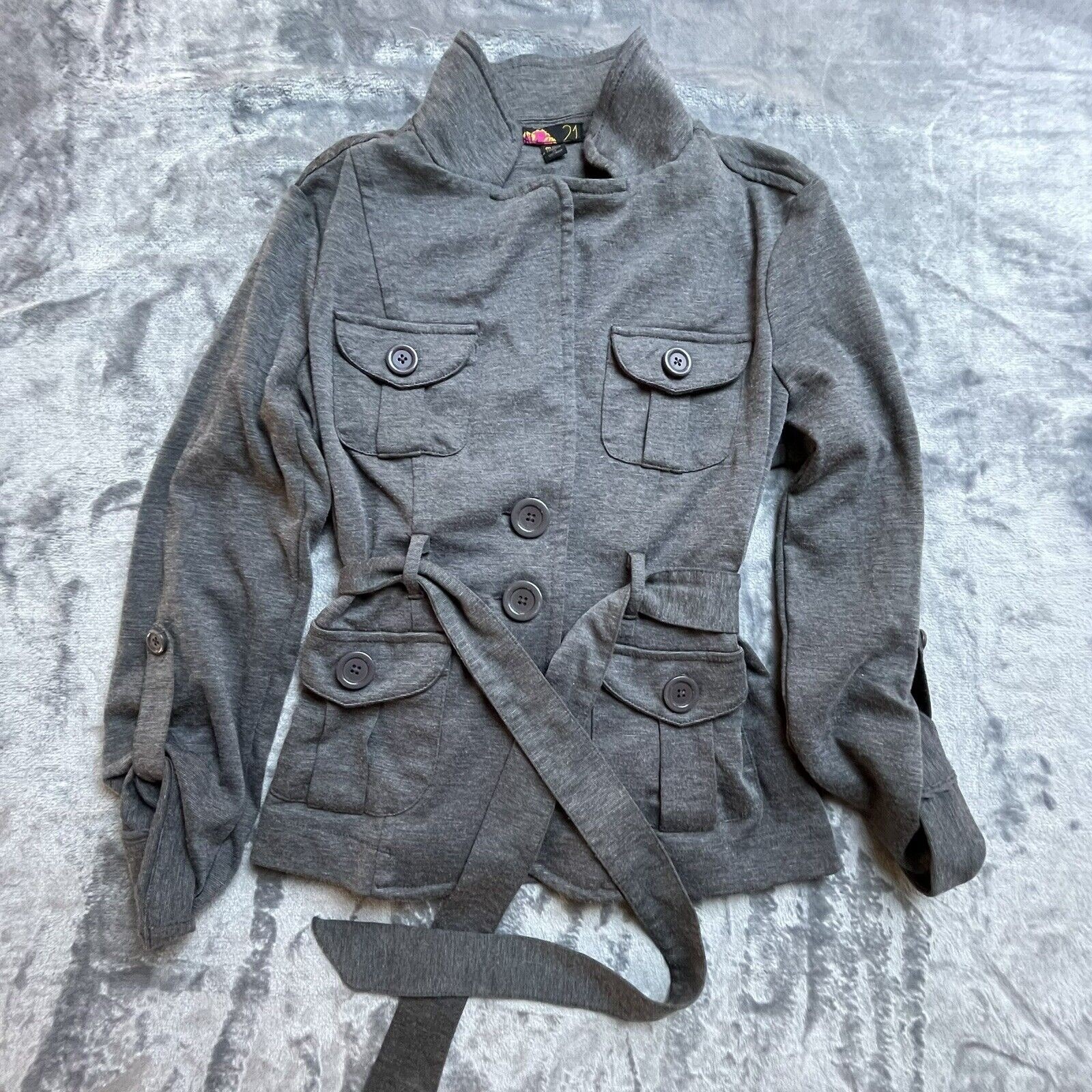21 Jacket Womens Medium Gray Long Sweatshirt Button Up Tab Sleeve Belted Cozy